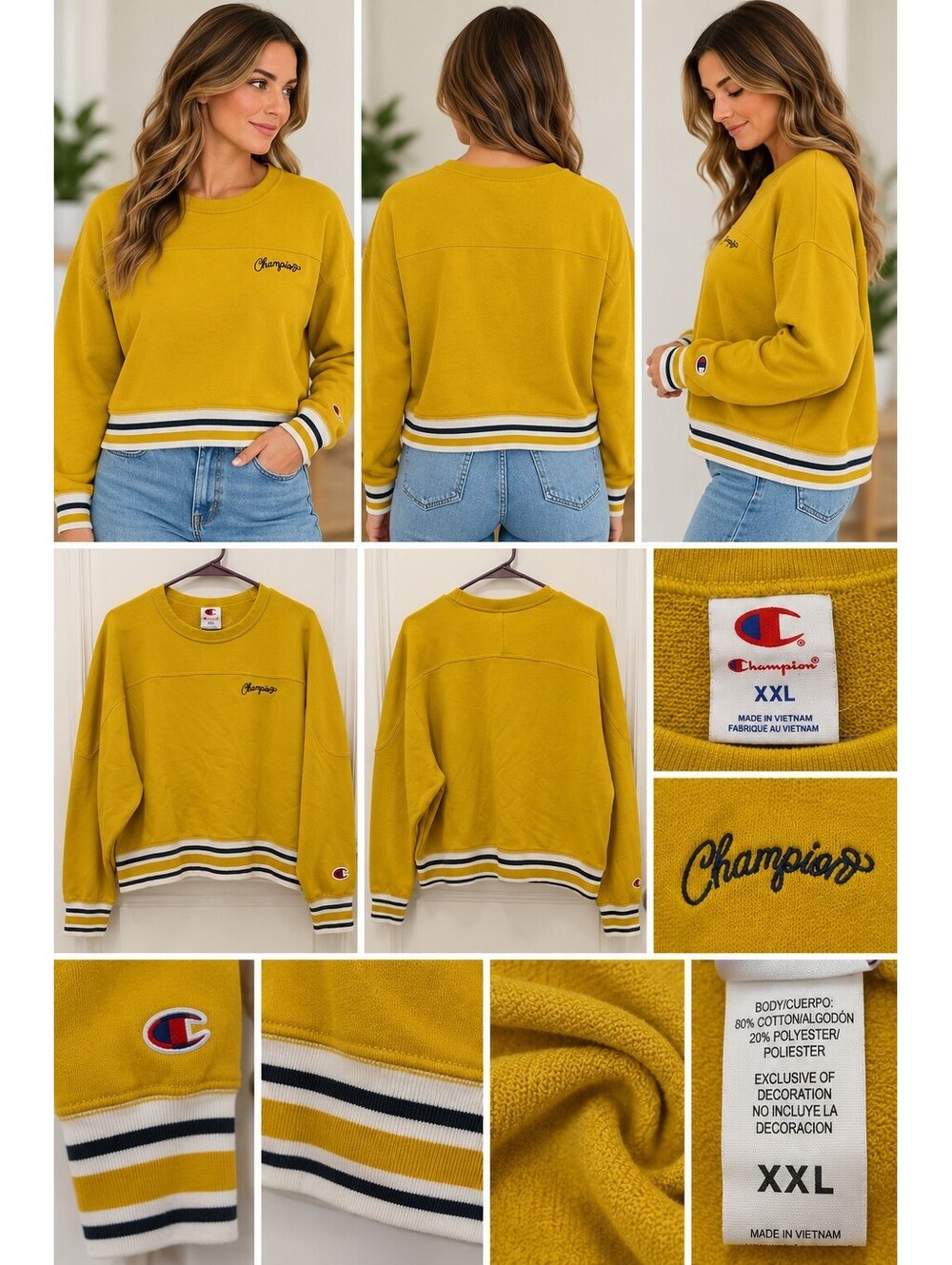 Champion XXL Mustard Yellow Crewneck Sweatshirt Striped Hem Logo NWOT